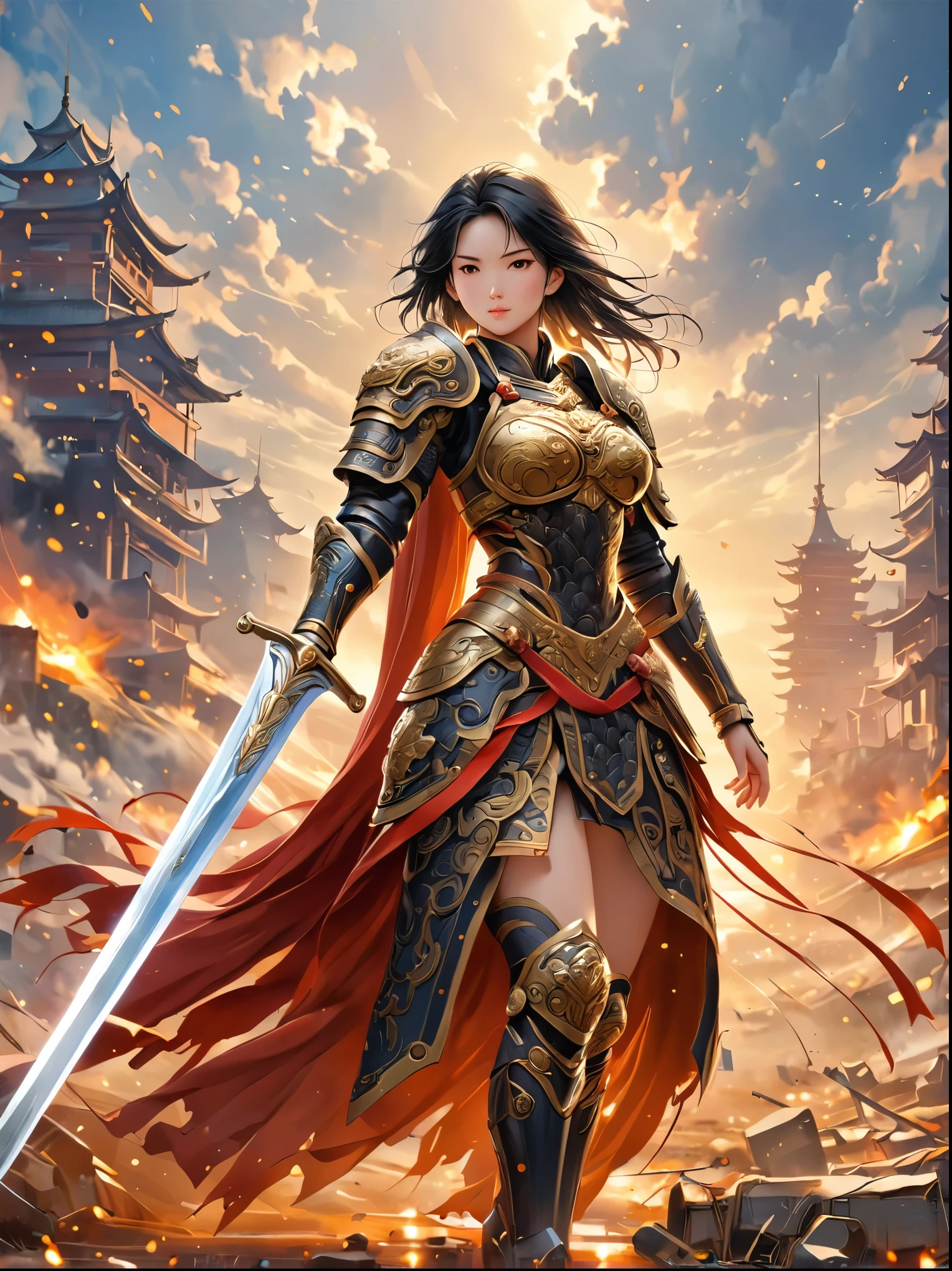 Female Warrior，battlefield，Firm，Holding a gleaming silver sword，Wearing protective armor，Extraordinary courage，Black Hair，Hanging on the back，The dusk sky is shrouded by the fierce battlefield，Abstract painting in the distance、Somewhat fuzzy structure，Like a bustling city，full-body shot，Cartoon Style，Super Detail，Anatomically correct, masterpiece, accurate, textured skin, super detail, high details, award winning, 8K