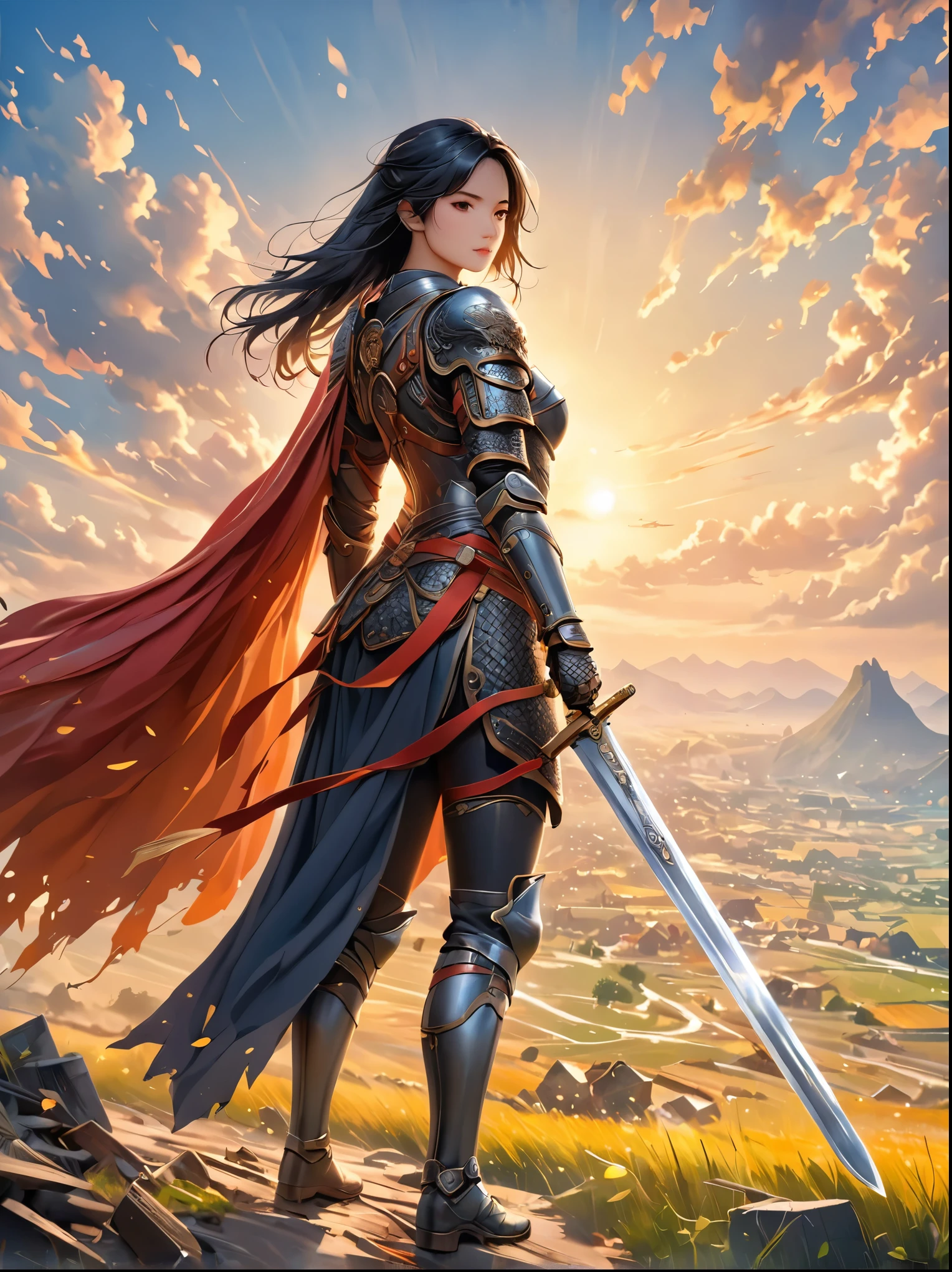 Female Warrior，battlefield，Firm，Holding a gleaming silver sword，Wearing protective armor，Extraordinary courage，Black Hair，Hanging on the back，The dusk sky is shrouded by the fierce battlefield，Abstract painting in the distance、Somewhat fuzzy structure，Like a bustling city，full-body shot，Cartoon Style，Super Detail，Anatomically correct, masterpiece, accurate, textured skin, super detail, high details, award winning, 8K