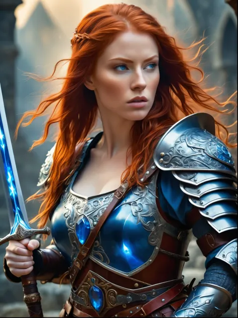 middle Ages，Fantasy scene，Fierce red-haired female warrior，Wear gorgeous armor，A blue gemstone is inlaid on the chest，Holding a ...