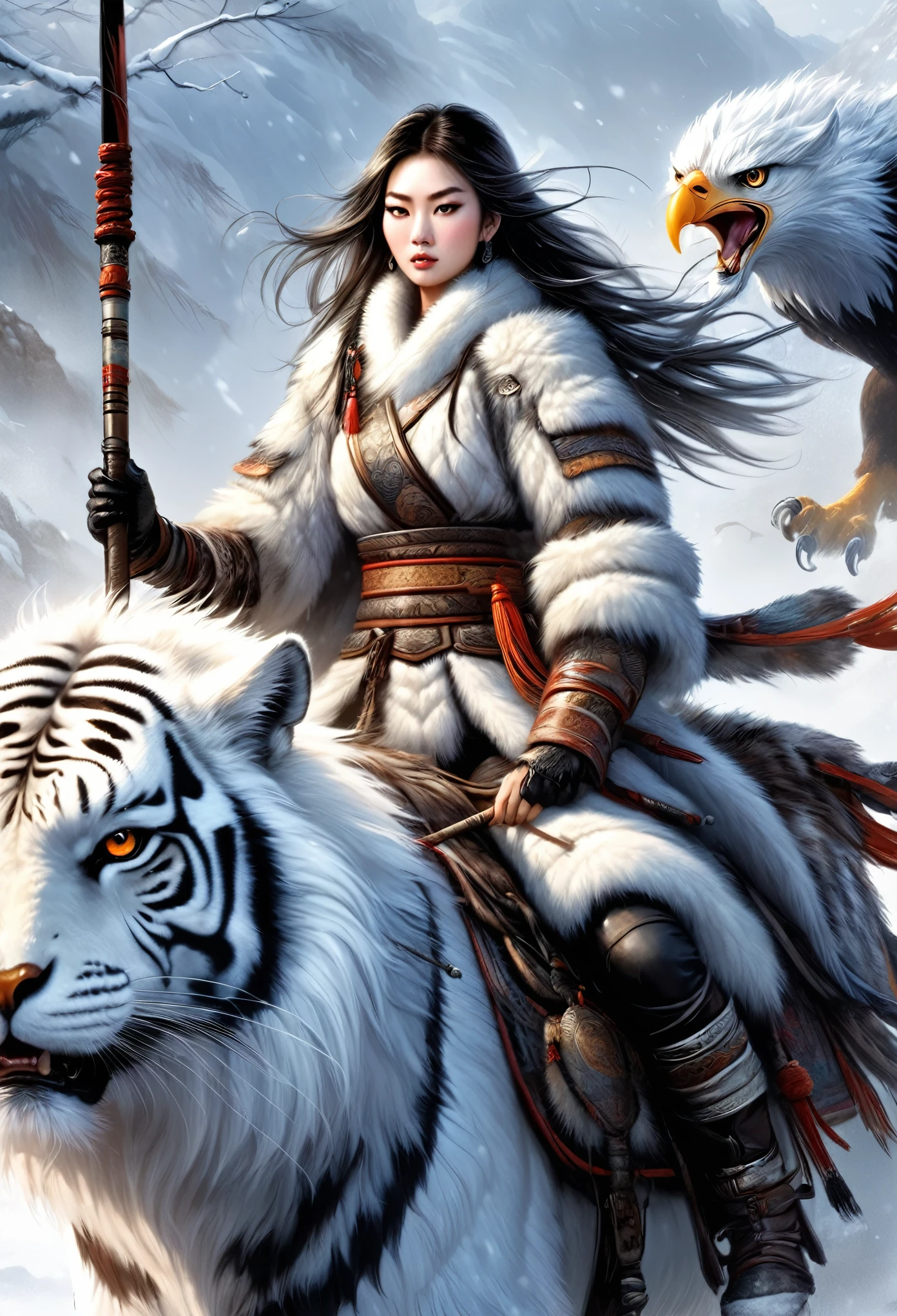 Wearing warm winter clothing made of thick fur, Cleverly combines traditional Chinese design patterns with contemporary elements ，messy and fluffy hair, Strong expression，Energetic, Sharp eyes， 1 girl, Handsome face，Delicate face，horse riding, looking at the audience，tiger_beast, Epic Fantasy Character Art, wearing intricate fur armor, style of luis royo, Northern female warrior holding a spear，An eagle keeps flying in the sky，