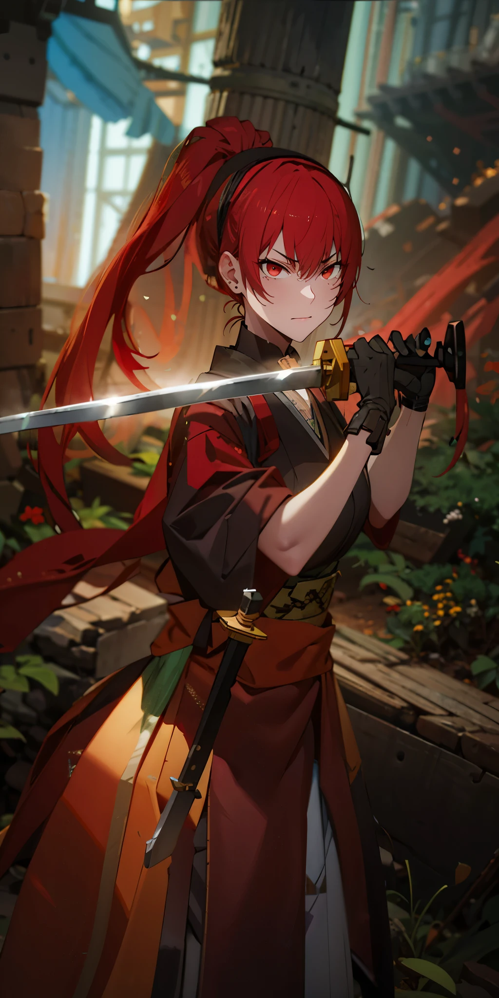 (long hair, red hair:1.6), black hairband, curvy, heavy breathing, huge breasts, sweating, sword, holding, gloves, japanese_clothes, katana, 1girl, kimono, solo, bamboo_forest, bamboo, hakama, wide_sleeves, nature, black_gloves, forest, looking_at_viewer, holding_sword, smile, standing, glow effects, godrays, Hand drawn, render, 8k, octane render, cinema 4d, blender, dark, atmospheric 4k ultra detailed, cinematic, Sharp focus, big depth of field, Masterpiece, colors, 3d octane render, 4k, concept art, trending on artstation, hyperrealistic, Vivid colors, extremely detailed CG unity 8k wallpaper, trending on CGSociety, Intricate, High Detail, dramatic", hollow eyes, red eyes, looking at viewer, (heavy breathing:1.2), expressionless, glaring eyes, 