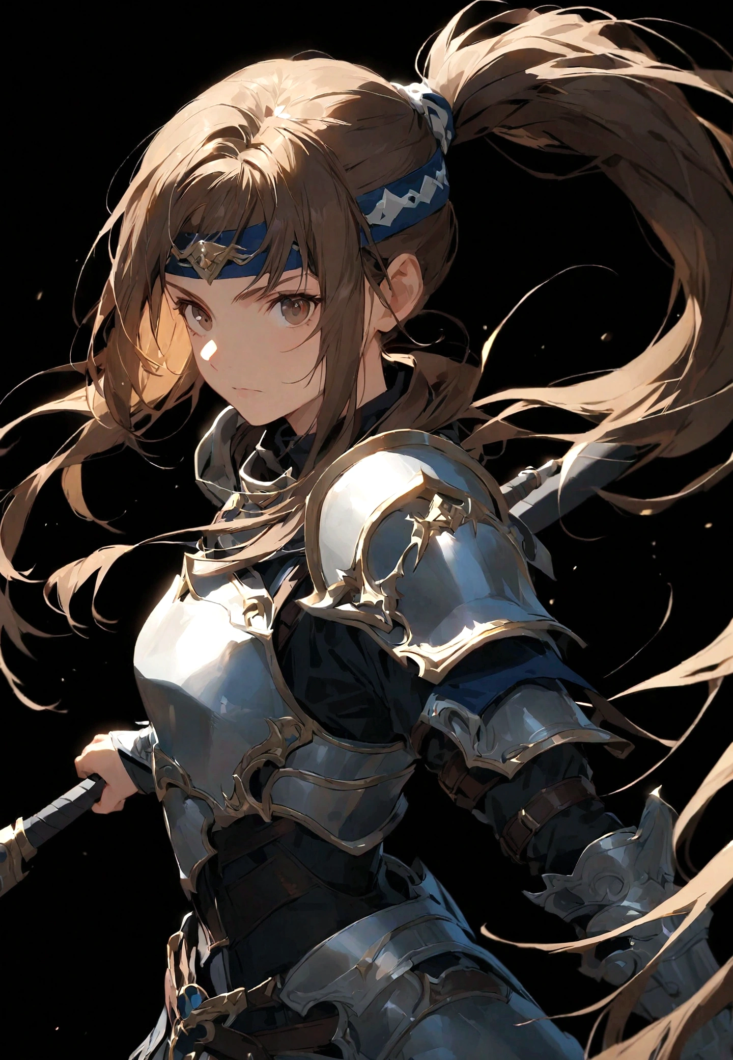 solo, long hair, looking at viewer, simple background, brown hair, 1girl, holding, brown eyes, ponytail, weapon, male focus, holding weapon, armor, headband, polearm, black background, shoulder armor, pauldrons, breastplate
