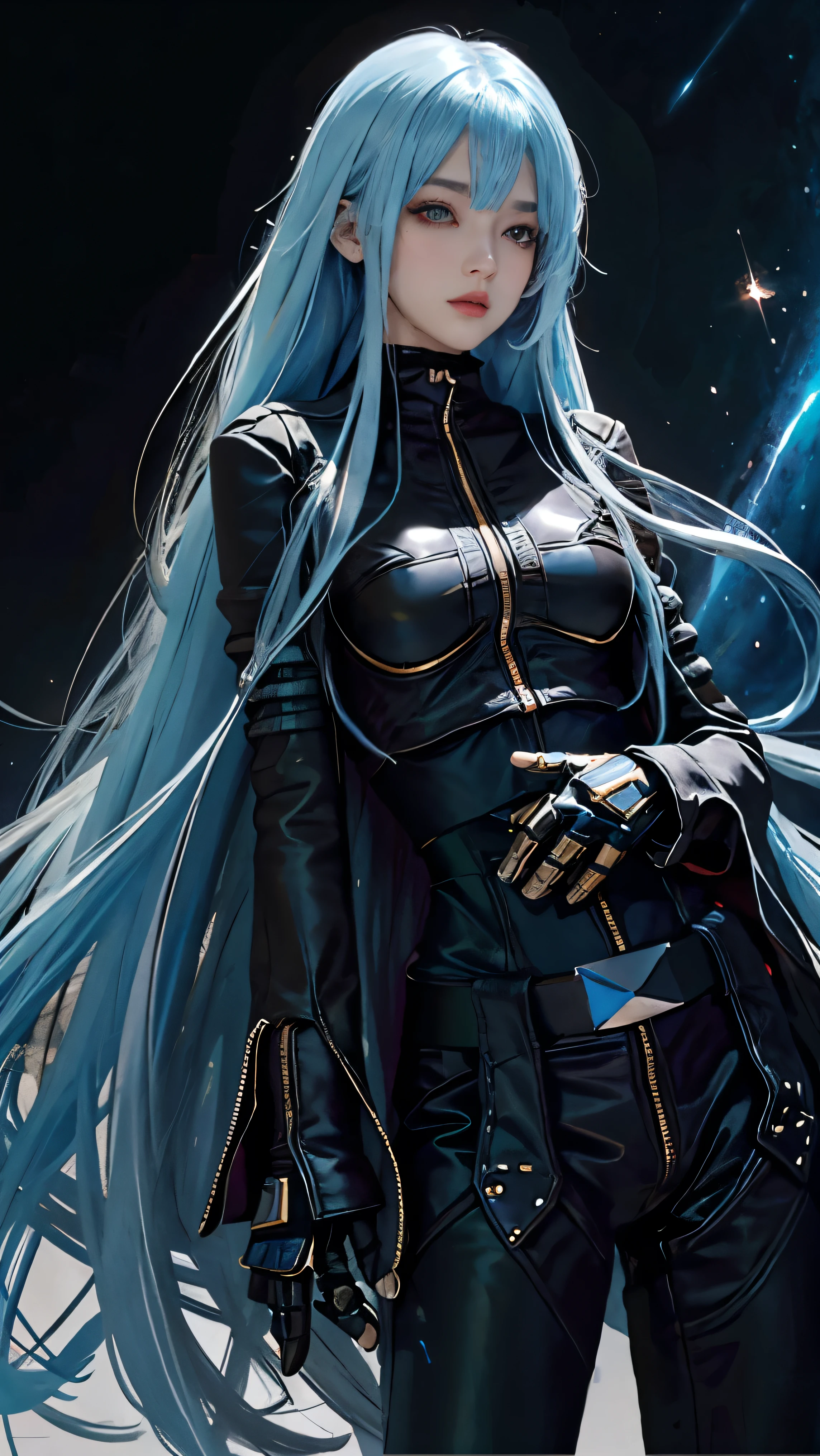 improve hand with 5 well defined fingers, has black gloves, future city background, long hair, mysterious eyes, Shiny mysterious light blue hair, mysterious eyes, shining pupils, space background
