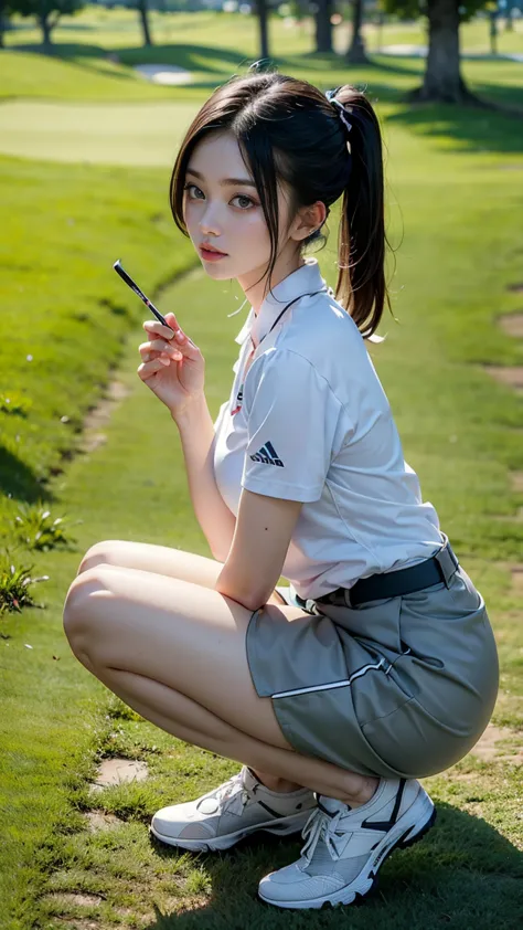 Beautiful Japanese woman in golf wear, Real person, Detailed body, squat, Live Action,, Skirt flip, office lady