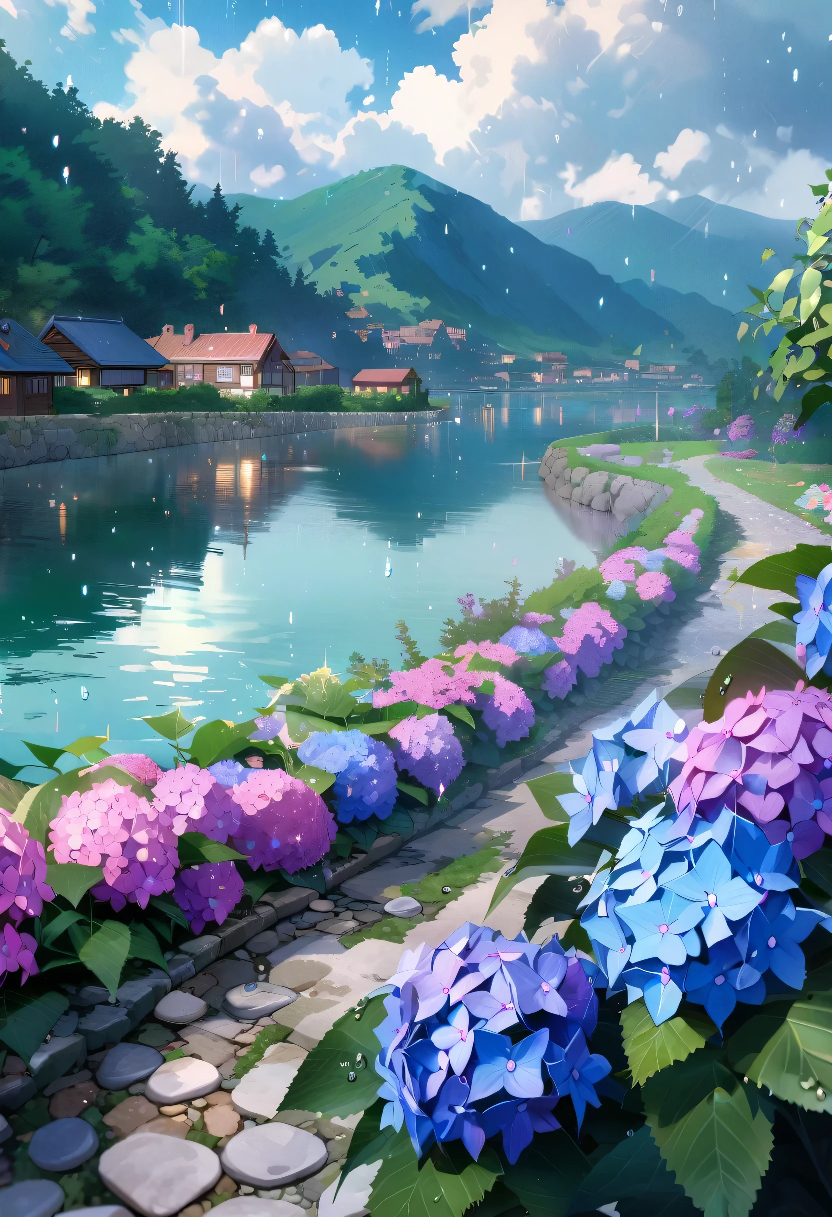 Hydrangea, garden, lake, Small hill, Pebble Road,anime, masterpiece, Rain,Cloudy,highest quality, Anatomically correct, Attention to detail, 8k, wallpaper,Water droplets sparkle