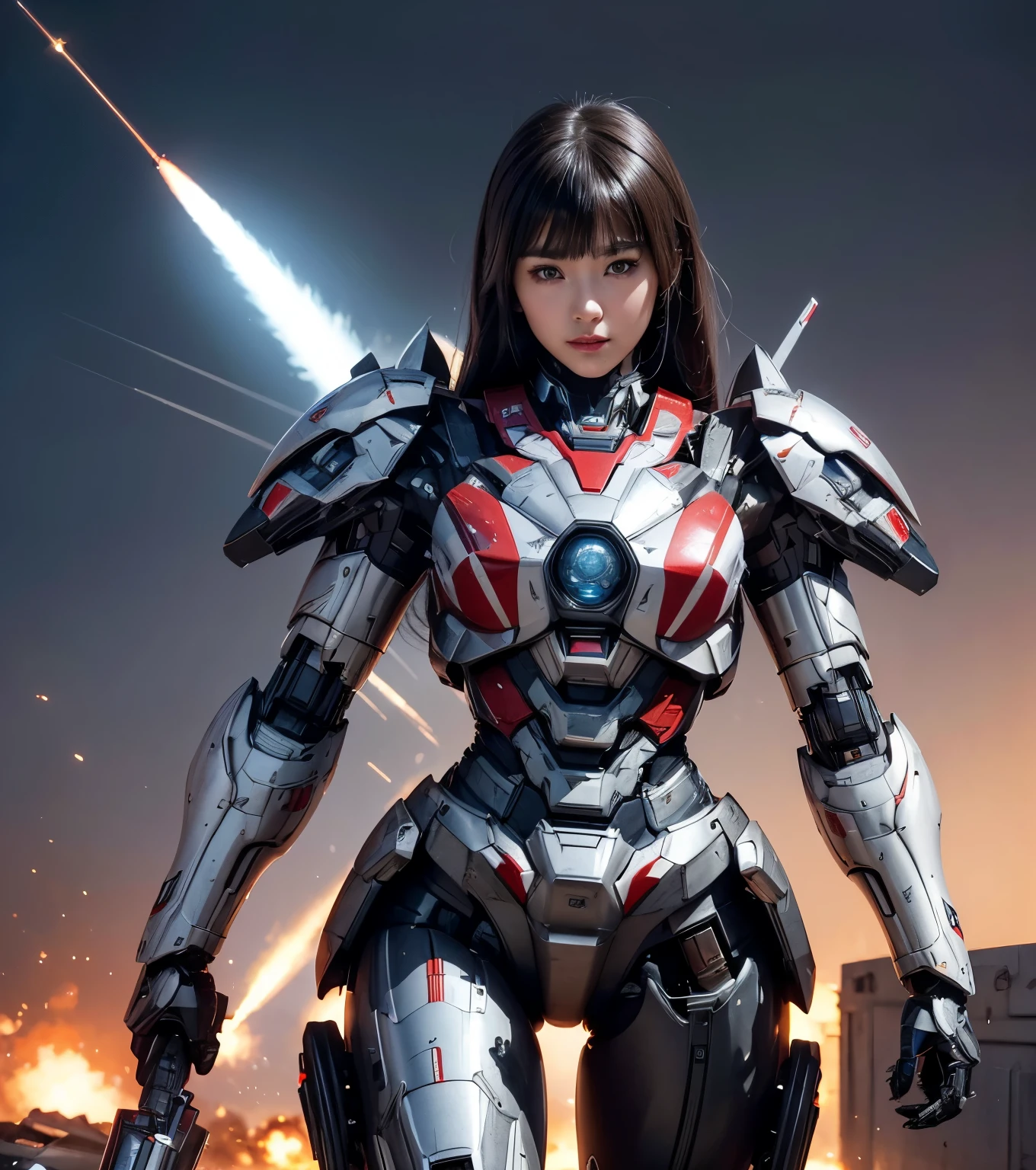  Super detailed, advanced details, high quality,  High resolution, 1080p, hard disk, beautiful,(war machine),Armor War,(Rocket Missile)Capture the big picture,beautiful,Mecha cyborg girl,battle mode,Mecha body girl,She is wearing a futuristic war machine weapon mecha