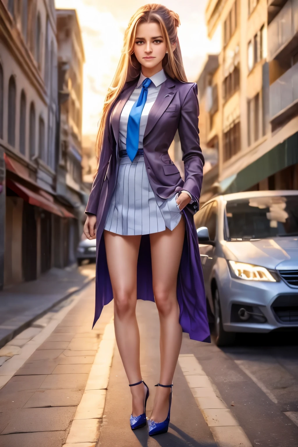 Anime-Mädchen steht auf der Stadtstraße mit langen Haaren und blauen Augen, Trends in ArtStation Pixiv, lila Augen, blaue Krawatte, Schön (Detaillierte Augen, detailliertes Gesicht,) Ahegao, euladef, Edles Temperament, High Heels, kein Wasserzeichen