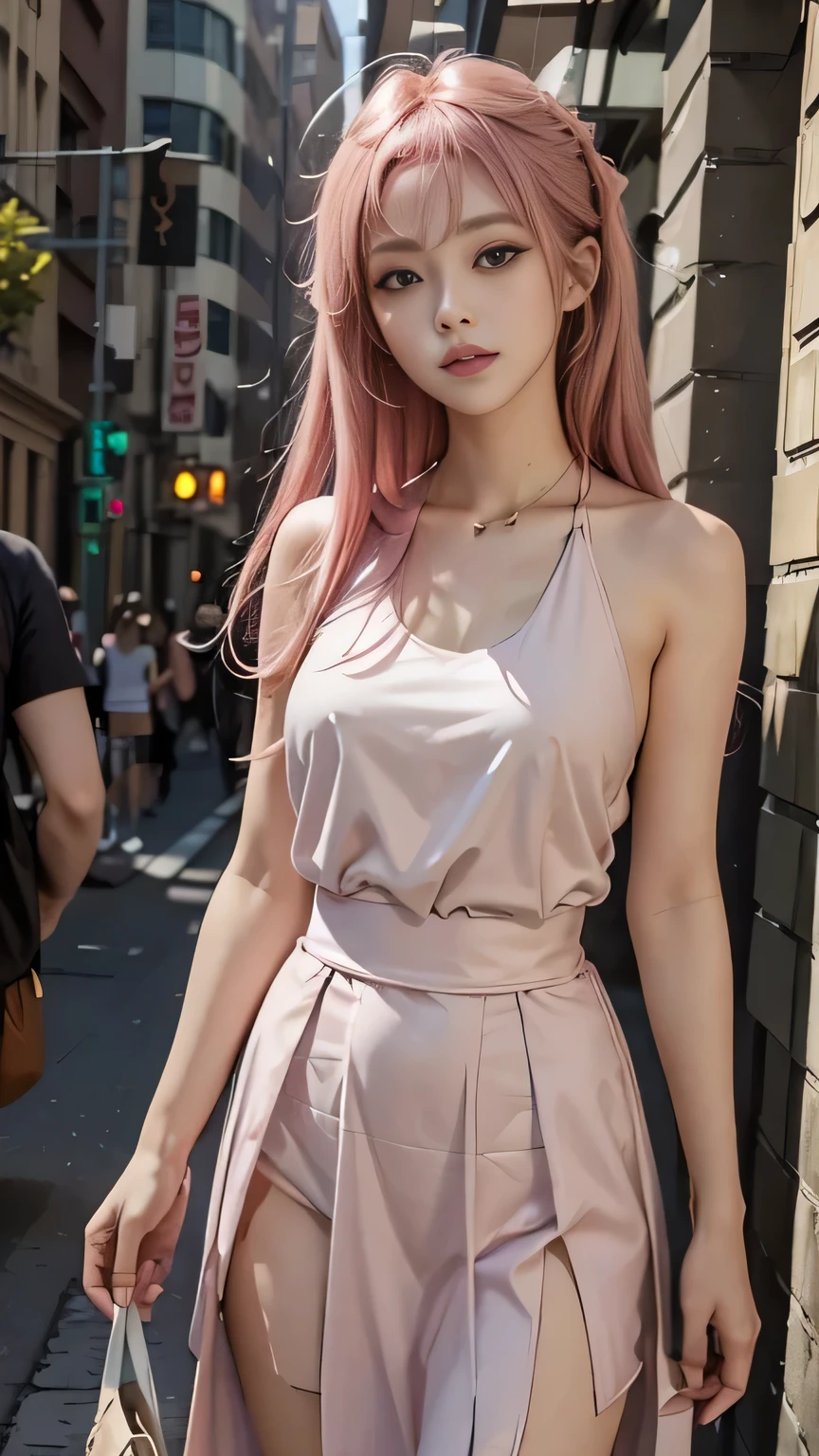 masterpiece, highest quality, High resolution, Absurd, One girl, crowd, skirt, Pink Hair, gasai yuno, From below, Revealing clothing, Skin dents, Outdoor, sunlight, street, View Viewer, blush,