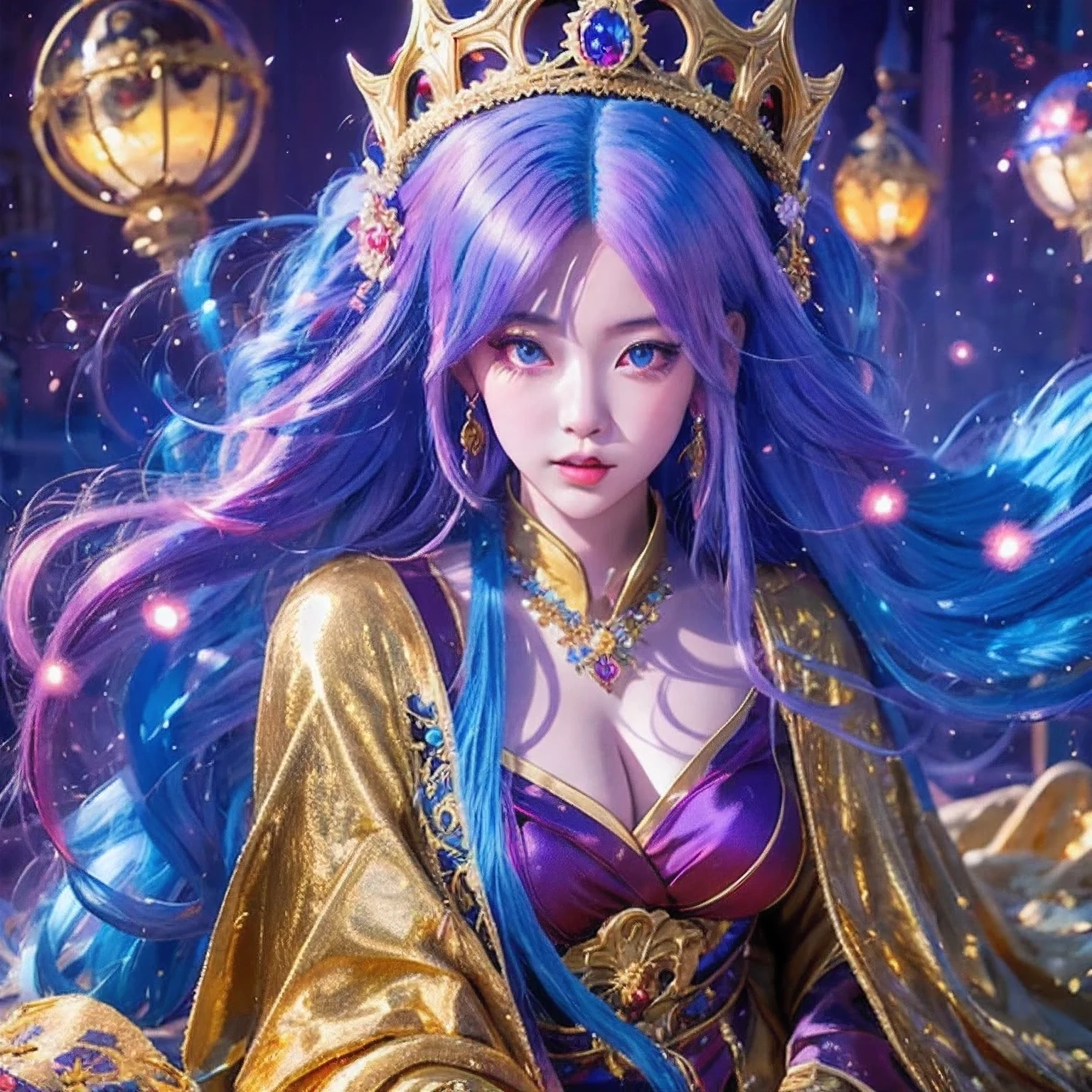 18 years old with blue hair wearing a gold crown and a blue wig, fantasy art style, ((a beautiful fantasy empress)), a beautiful fantasy empress, artwork in the style of Girl, azure. Purple pink hair, 18 years old, palace ， a girl in hanfu, beautiful celestial mage, anime girl with cosmic hair