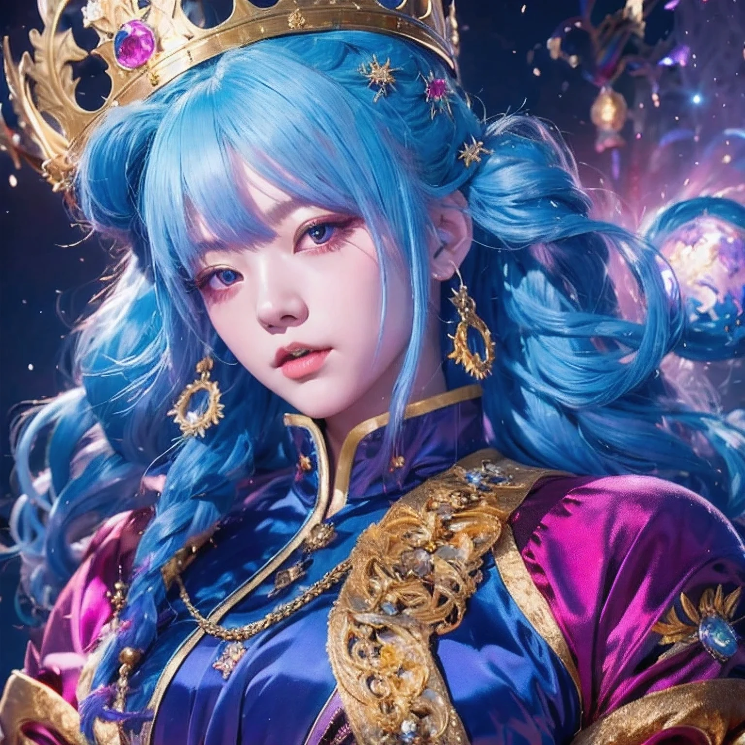 18 years old with blue hair wearing a gold crown and a blue wig, fantasy art style, ((a beautiful fantasy empress)), a beautiful fantasy empress, artwork in the style of Girl, azure. Purple pink hair, 18 years old, palace ， a girl in hanfu, beautiful celestial mage, anime girl with cosmic hair