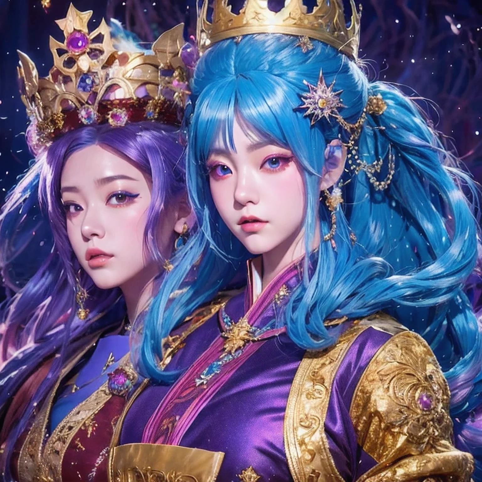 18 years old with blue hair wearing a gold crown and a blue wig, fantasy art style, ((a beautiful fantasy empress)), a beautiful fantasy empress, artwork in the style of Girl, azure. Purple pink hair, 18 years old, palace ， a girl in hanfu, beautiful celestial mage, anime girl with cosmic hair