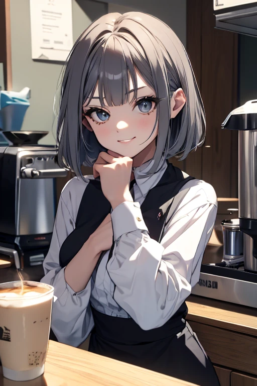 short hair,Uniform hair length,Hair color: Ash gray,The ends of my hair are curly,Barista,mode,Black long sleeve V-neck dress,Cool Beauty,Adult women,A slight smile on your lips,A mole under the left lip,Stylish cafe,Arched, kind-looking thin eyebrows,1 female,Having a Coffee Pot,highest quality,Her bangs are angled to hide her forehead,One silver bracelet on the right wrist,coffee,Simple clothing,Espresso machine in the background