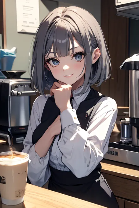 short hair,Uniform hair length,Hair color: Ash gray,The ends of my hair are curly,Barista,mode,Black long sleeve V-neck dress,Co...