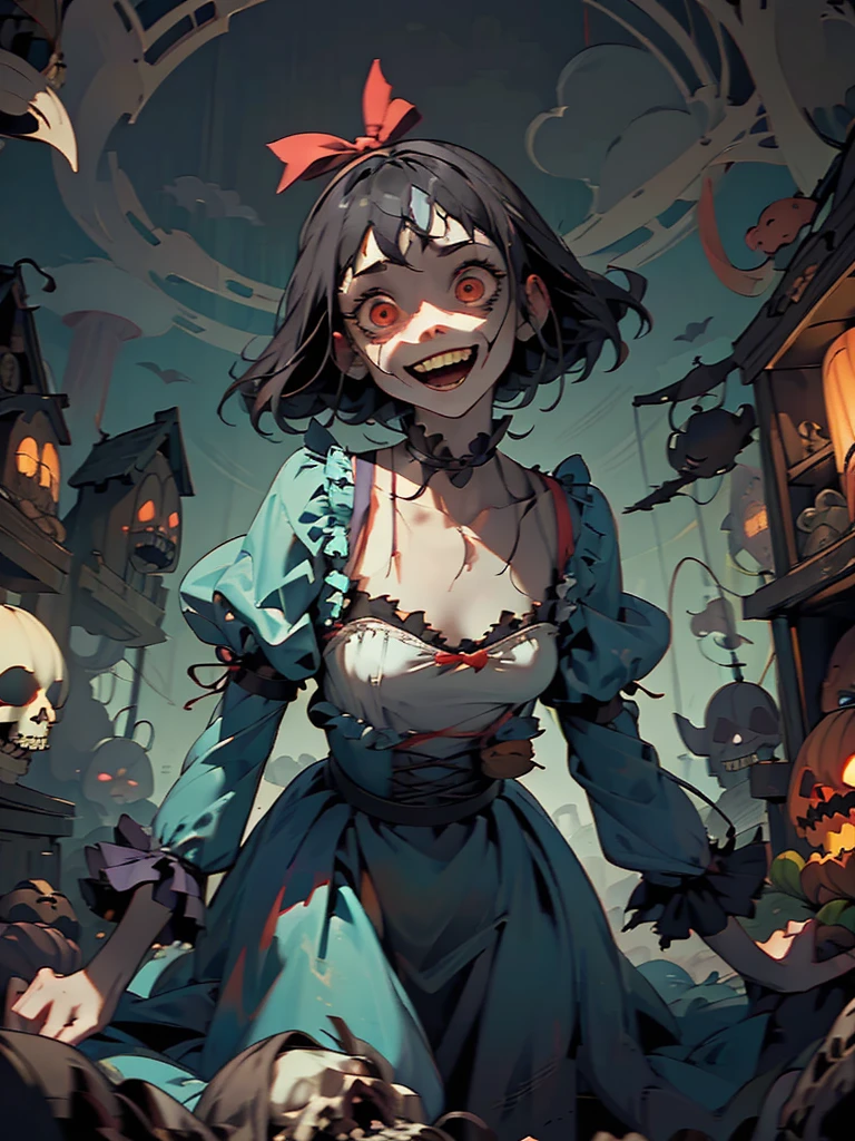 Gruesome and spooky details、An atmosphere full of suspense and tension、Psychological horror、Cute Smile、Mysterious and unsettling atmosphere、A terrifying moment、Nightmare scenario、Alice in Wonderland、Enthusiastic atmosphere、Mischievous Smile、Expressive gestures、Comical movement、Long straight black hair、Light blue outfit
