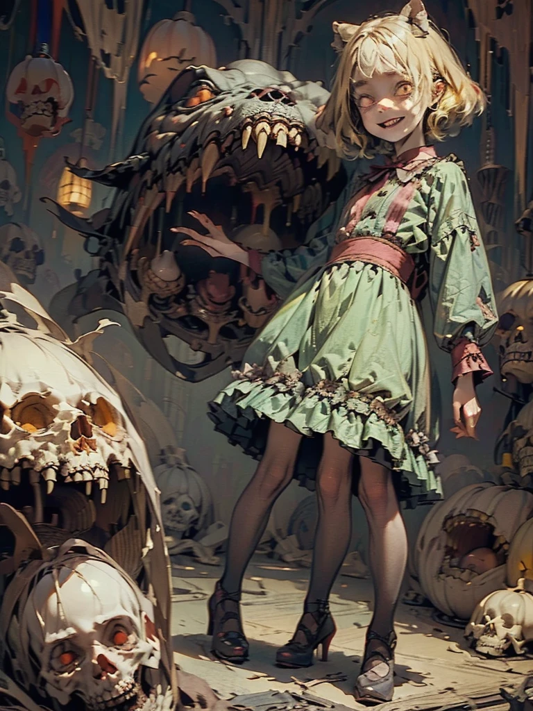 Gruesome and spooky details、An atmosphere full of suspense and tension、Psychological horror、Cute Smile、Mysterious and unsettling atmosphere、A terrifying moment、Nightmare scenario、Alice in Wonderland、Blonde、Big shoes、Enthusiastic atmosphere、Mischievous Smile、Expressive gestures、Comical movement、Psychedelic world