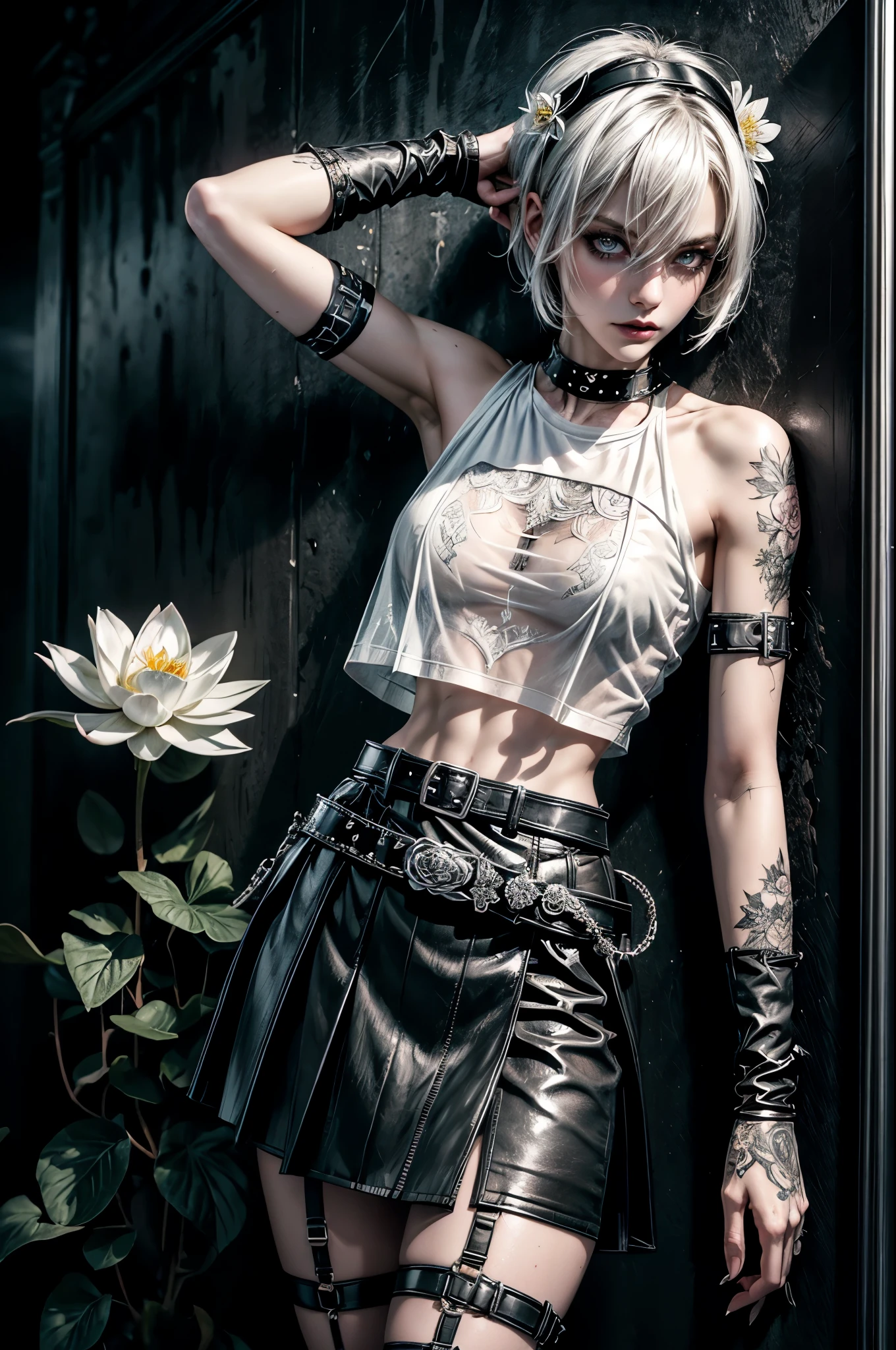 (Detailed illustrations, Very detailed and detailed drawing, Delicate lines with slow and rapid, Realistic texture expression), One woman with very short white hair with black tips, ( emo hairstyle, ), goth, pale white skin, evil smirk, (girls bedroom background), dark lighting, cold atmosphere, lore_Emma , pink eyes , dark eyeliner, (ultra dark glossy black lipstick), bored expression, gorgeous face , super cute, 18 years old , hyper detailed face, (super skinny figure , medium breast, thin waist), back leaning against wall, slim legs, slim hips, LowriseXL, (ultra low rise wet look shiny leather skirt with transparent flower pattern), (mesh shirt with flower pattern under (white transparent loose t-shirt) with bare shoulders), black choker, vulva tattoo, black hairband, (white lotus flower in hair), ((flower pattern tattoo)), fingerless leather gloves, (black nail polish), faded tattoo's, ((thigh belt)), ((hip chains)), ((belt hanging on hip)), ((many studded belts)), (((right arm back against wall))), (((left hand behind head)))