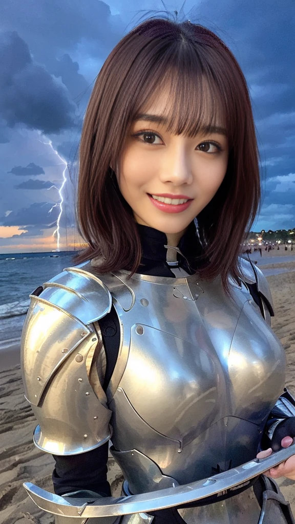 detailed face, cute face,masterpiece, highest quality, Super detailed, figure, Wide-angle, (A warrior girl is walking on the beach in the thunder storm, outdoor,background is thunder:1.35), (thunder sword,lightning strike, Thunder storm:1.35), alone, whole body, (20th Generation, Pink short Hair:1.15), (full plate armor,luxury knight armor, holy thunder sword:1.35), composition, balance, Harmony, rhythm, color, Light、(Droopy eyes, Natural Makeup、 Ultra-high definition beauty face:1.15)、(Ultra-high resolution perfect beautiful teeth, Medium chest, Narrow waist, smile:1.15)、Ultra HD Shining Eyes、Super high quality glossy lip,