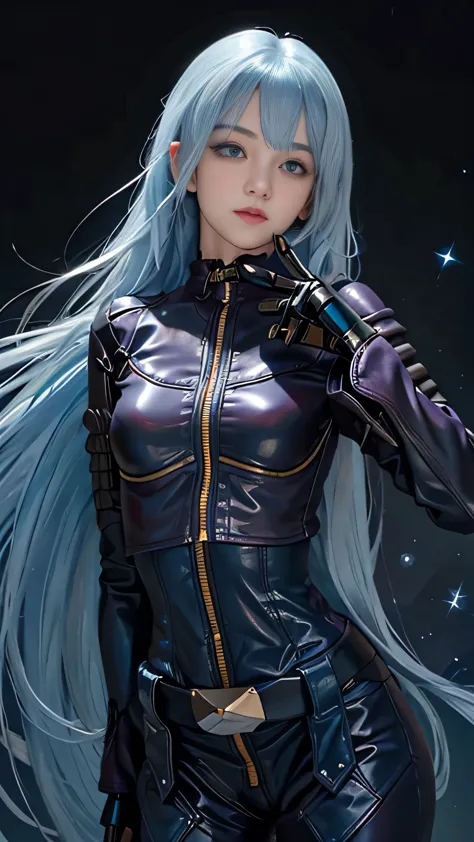 improve hand with 5 well defined fingers, has black gloves,  long hair, mysterious eyes, shiny mysterious light blue hair, myste...