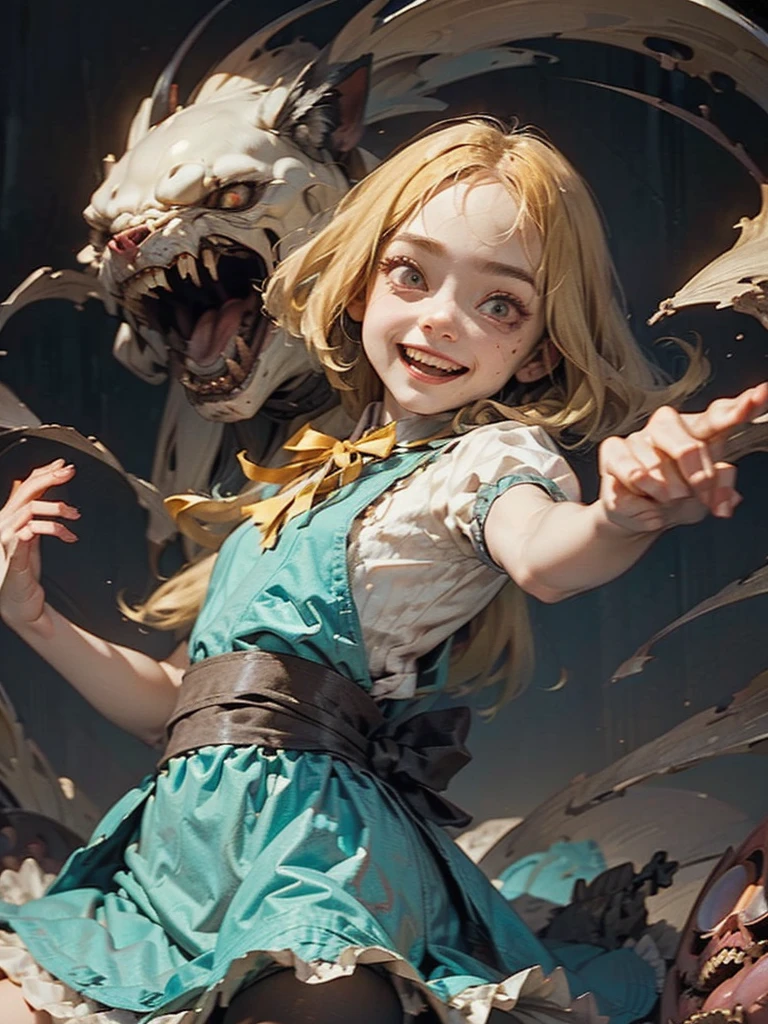 Cute Smile、Mysterious and unsettling atmosphere、A terrifying moment、Nightmare scenario、Alice in Wonderland、Enthusiastic atmosphere、Mischievous Smile、Expressive gestures、Comical movement、Blonde、Light blue outfit
