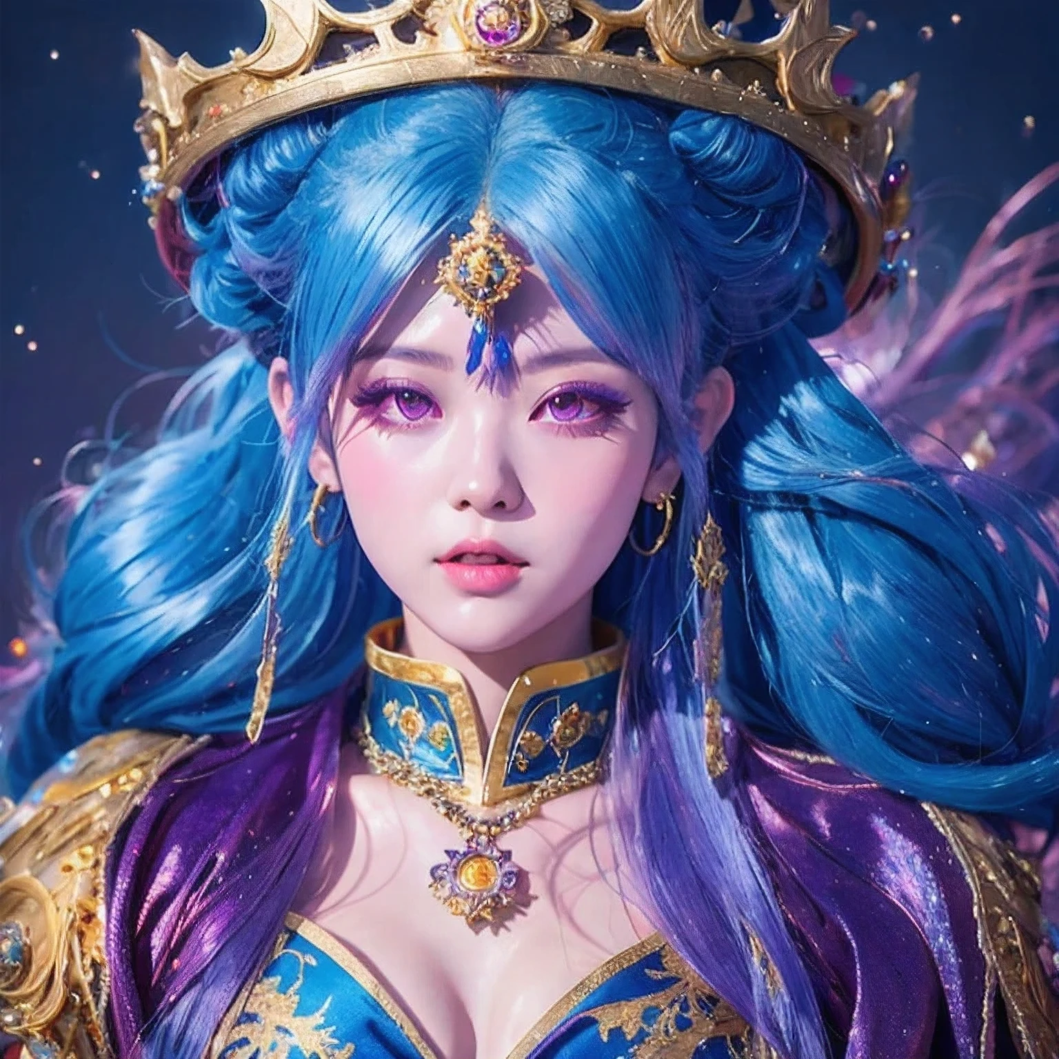 18 years old with blue hair wearing a gold crown and a blue wig, fantasy art style, ((a beautiful fantasy empress)), a beautiful fantasy empress, artwork in the style of Girl, azure. Purple pink hair, 18 years old, palace ， a girl in hanfu, beautiful celestial mage, anime girl with cosmic hair，sunglasses，