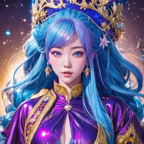 18 years old with blue hair wearing a gold crown and a blue wig, fantasy art style, ((a beautiful fantasy empress)), a beautiful...