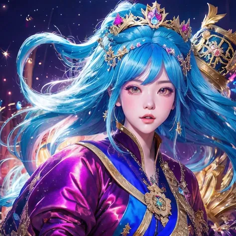 18 years old with blue hair wearing a gold crown and a blue wig, fantasy art style, ((a beautiful fantasy empress)), a beautiful...