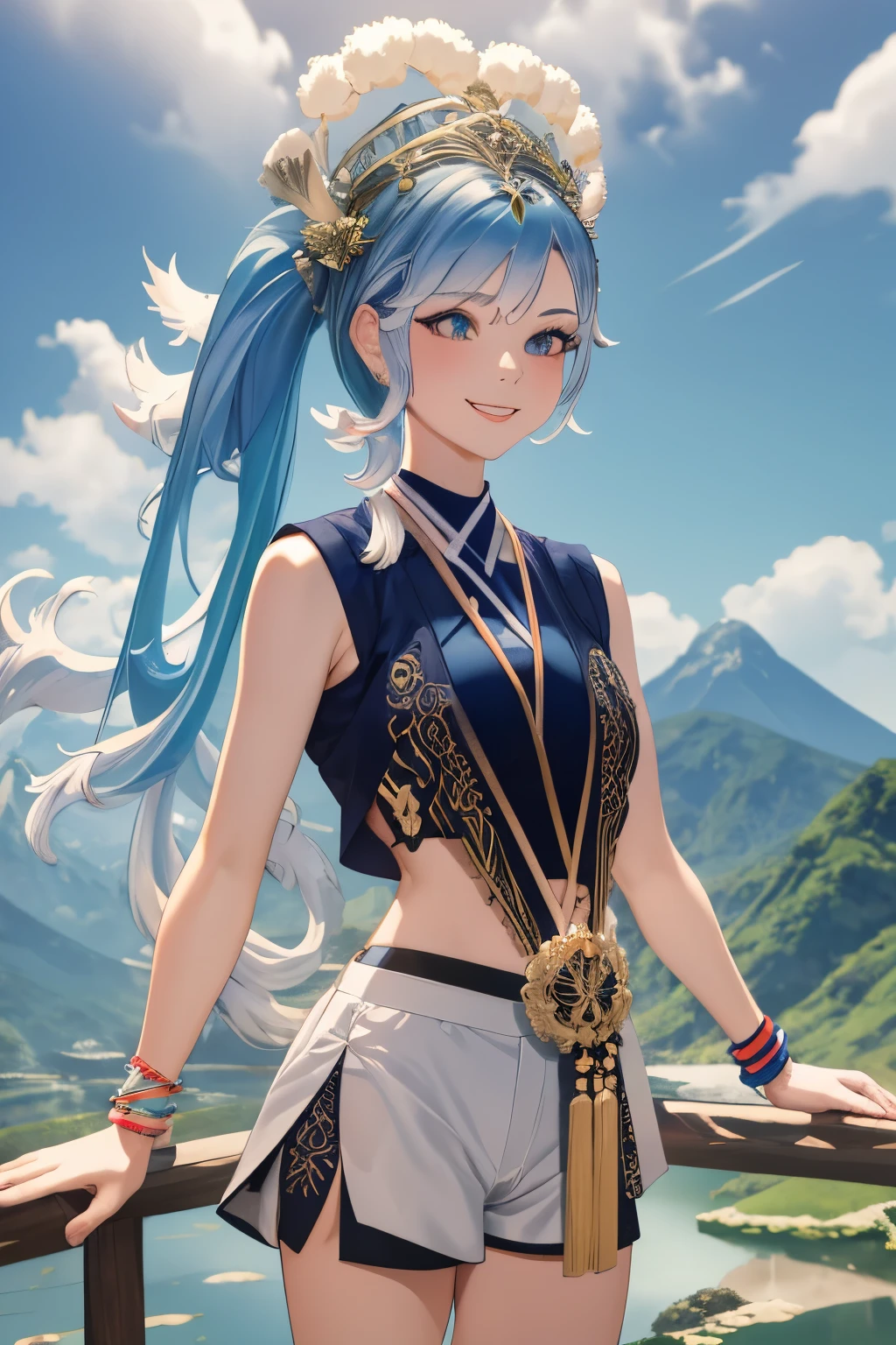 masterpiece, best quality, absurdres, perfect anatomy, 1girl, solo, Kobo3rd, side ponytail, bracelet, hair ornament, blue shirt, sleeveless, midriff, white shorts, standing, river, beautiful mountain background, ricefield, smile, outdoors,wear Indonesian traditional dress