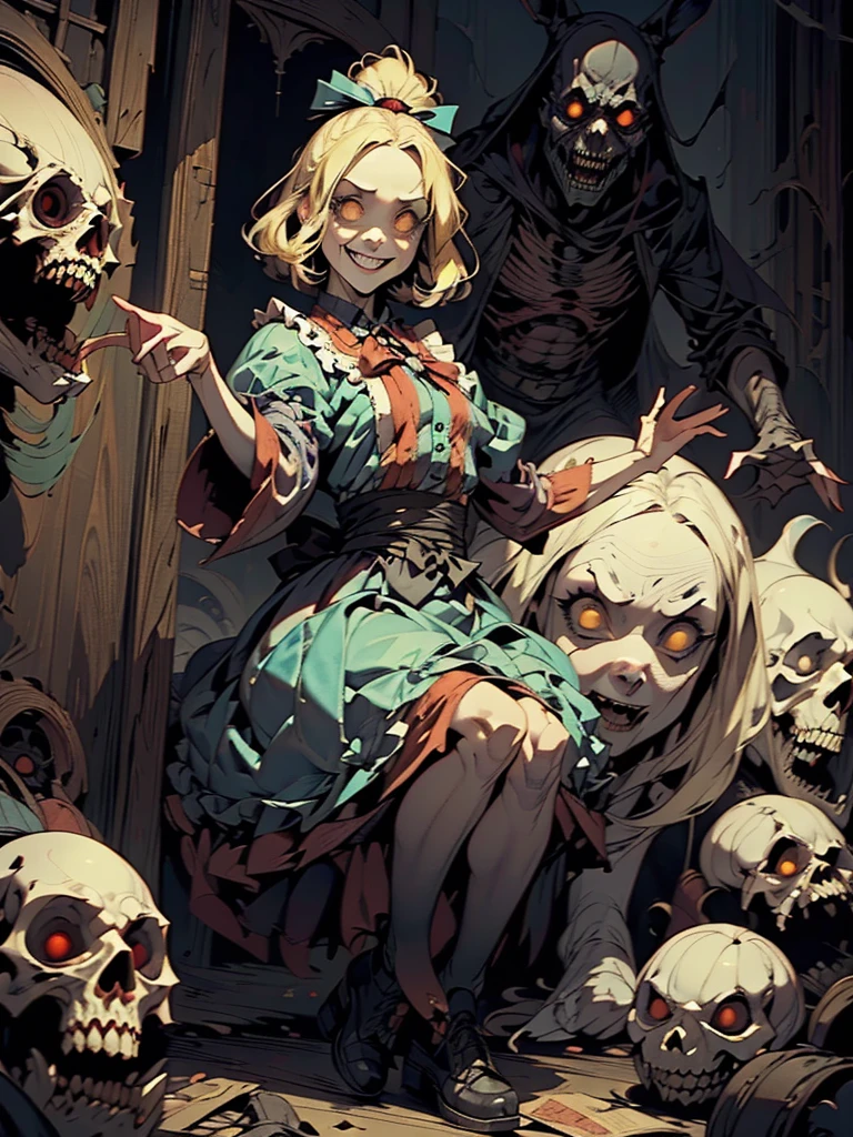 Gruesome and spooky details、An atmosphere full of suspense and tension、Psychological horror、Cute Smile、Mysterious and unsettling atmosphere、A terrifying moment、Nightmare scenario、Alice in Wonderland、Blonde、Big shoes、Enthusiastic atmosphere、Mischievous Smile、Expressive gestures、Comical movement、Psychedelic world
