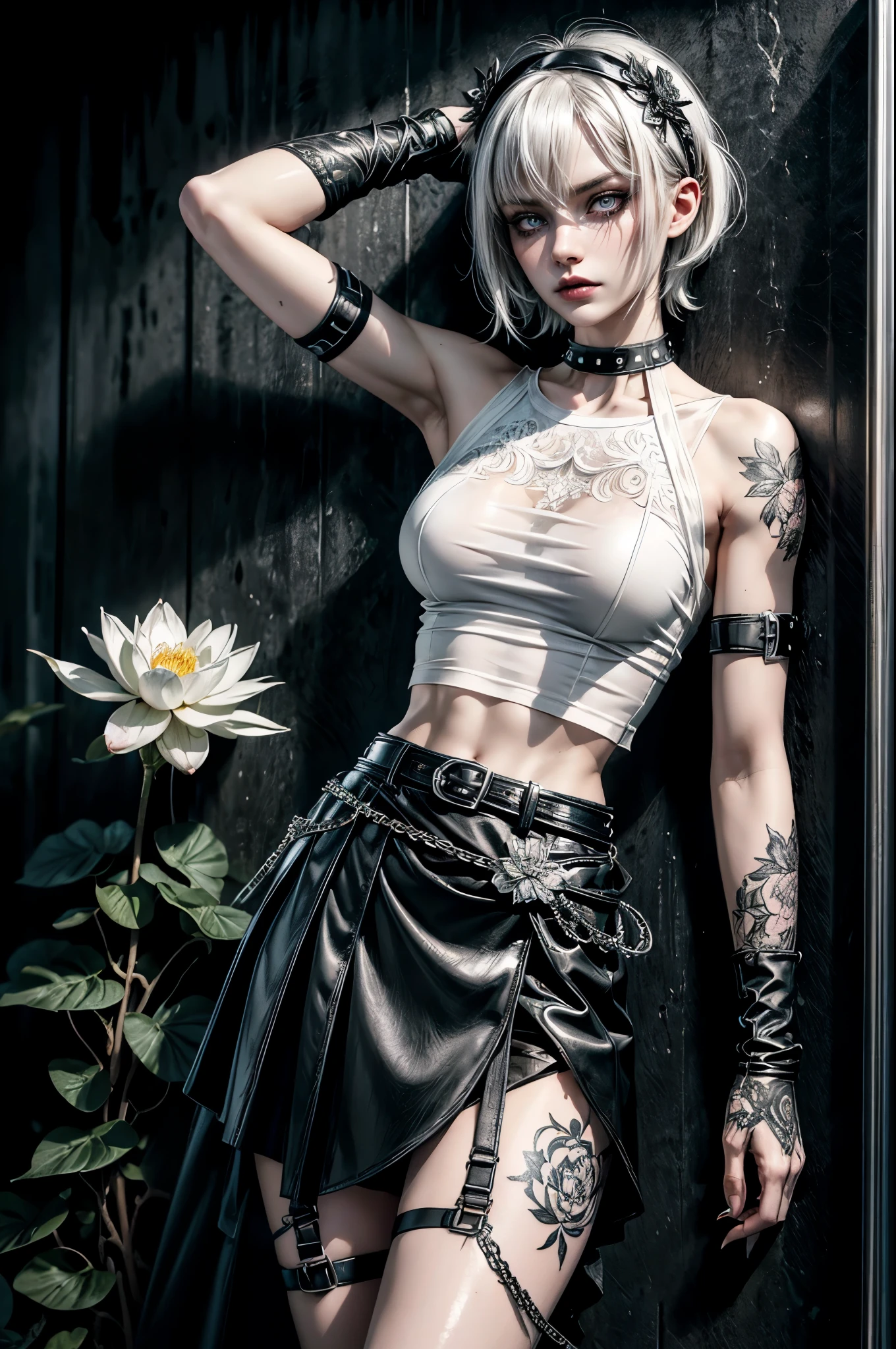 (Detailed illustrations, Very detailed and detailed drawing, Delicate lines with slow and rapid, Realistic texture expression), One woman with very short white hair with black tips, ( emo hairstyle, ), goth, pale white skin, evil smirk, (girls bedroom background), dark lighting, cold atmosphere, lore_Emma , pink eyes , dark eyeliner, (ultra dark glossy black lipstick), bored expression, gorgeous face , super cute, 18 years old , hyper detailed face, (super skinny figure , medium breast, thin waist), back leaning against wall, slim legs, slim hips, LowriseXL, (ultra low rise wet look shiny leather skirt with transparent flower pattern), (mesh shirt with flower pattern under (white transparent loose t-shirt) with bare shoulders), black choker, vulva tattoo, black hairband, (white lotus flower in hair), ((flower pattern tattoo)), fingerless leather gloves, (black nail polish), faded tattoo's, ((thigh belt)), ((hip chains)), ((belt hanging on hip)), ((many studded belts)), (((right arm back against wall))), (((left hand behind head)))