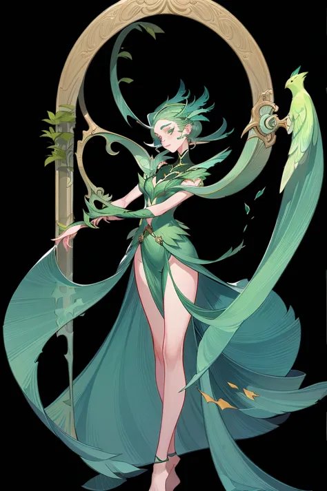 1 beautiful woman，A Necromancer，Green clothing，standing full-body，solo，Clear facial features，Transparent background，(masterpiece...