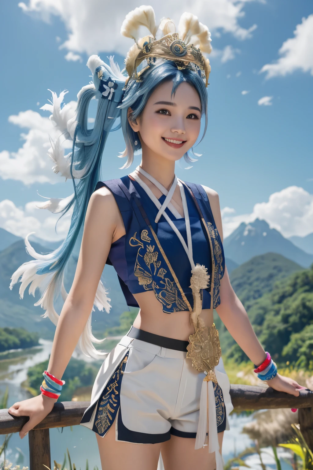 masterpiece, realistic, cosplayer, smile, best quality, absurdres, perfect anatomy, 1girl, solo, Kobo3rd, side ponytail, bracelet, hair ornament, blue shirt, sleeveless, midriff, white shorts, standing, river, beautiful mountain background, ricefield, smile, outdoors,wear Indonesian traditional dress