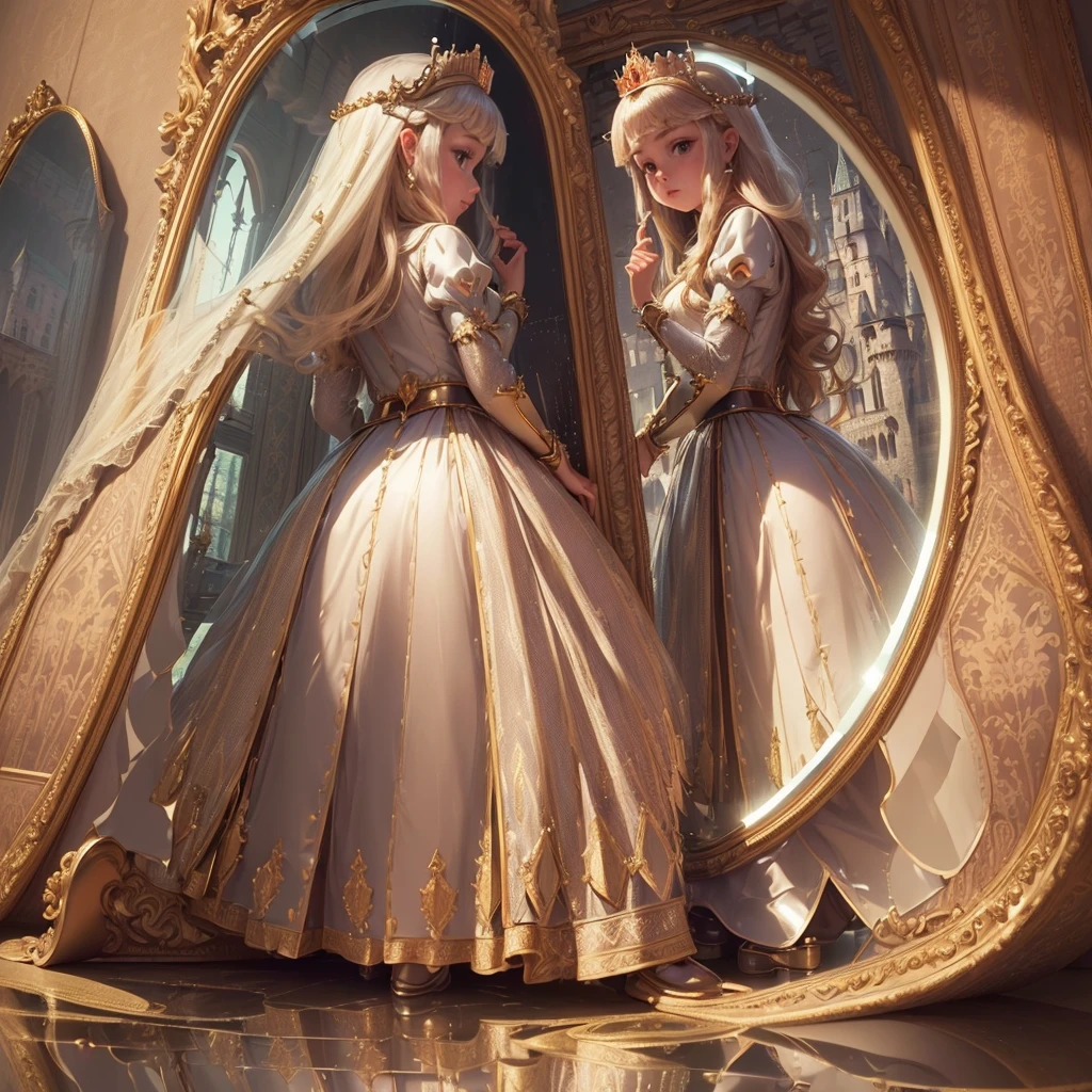 (Princess:1.6),(I can see the castle reflected in the mirror:1.6),masterpiece,high quality,(Highly Detailed CG Unity 8k Portrait:1.3),Nice views,8-year-old girl,Medieval dress, Gold embroidery