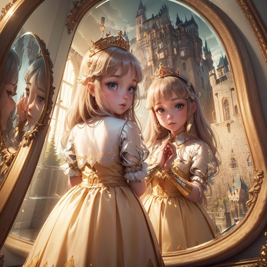 (Princess:1.6),(I can see the castle reflected in the mirror:1.6),masterpiece,high quality,(Highly Detailed CG Unity 8k Portrait:1.3),Nice views,8-year-old girl,Medieval dress, Gold embroidery