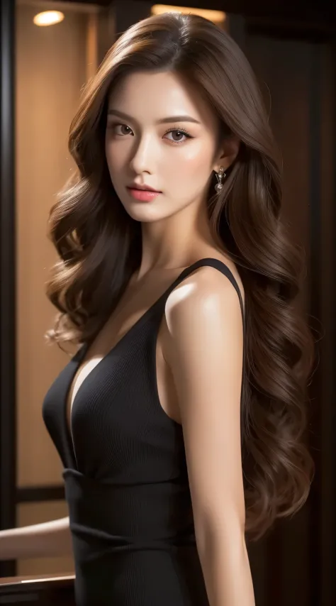 best qualtiy，a high resolution，masterpiece：1.3），a tall and beautiful woman，frontage，dark brown hair in loose wavy styling，，small...