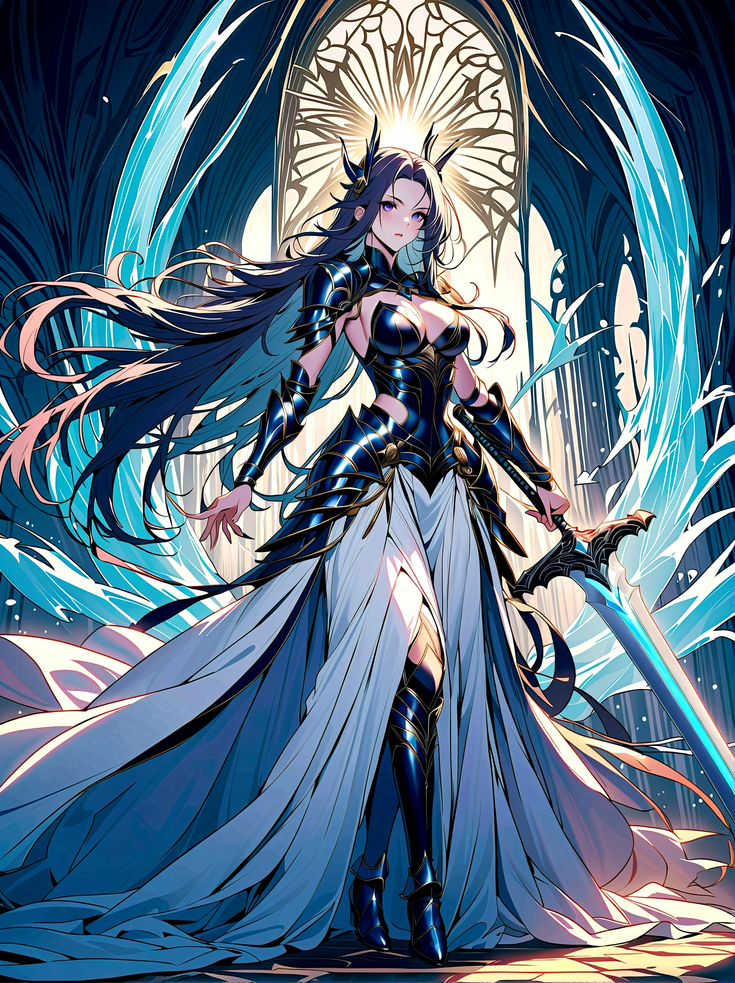 Fantasy World，Elegant female warrior，Dressed in stunning armor and costumes，Ice blue and silver，Decorated with intricate frost patterns，Gorgeous design，Wields a huge and beautiful two-handed greatsword，Cold and crystal，Her hair is a waterfall of noble silver，Dark purple eyes