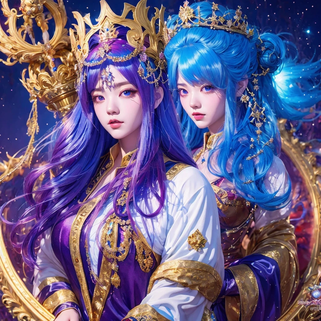 18 years old with blue hair wearing a gold crown and a blue wig, fantasy art style, ((a beautiful fantasy empress)), a beautiful fantasy empress, artwork in the style of Girl, azure. Purple pink hair, 18 years old, palace ， a girl in hanfu, beautiful celestial mage, anime girl with cosmic hair，sunglasses，