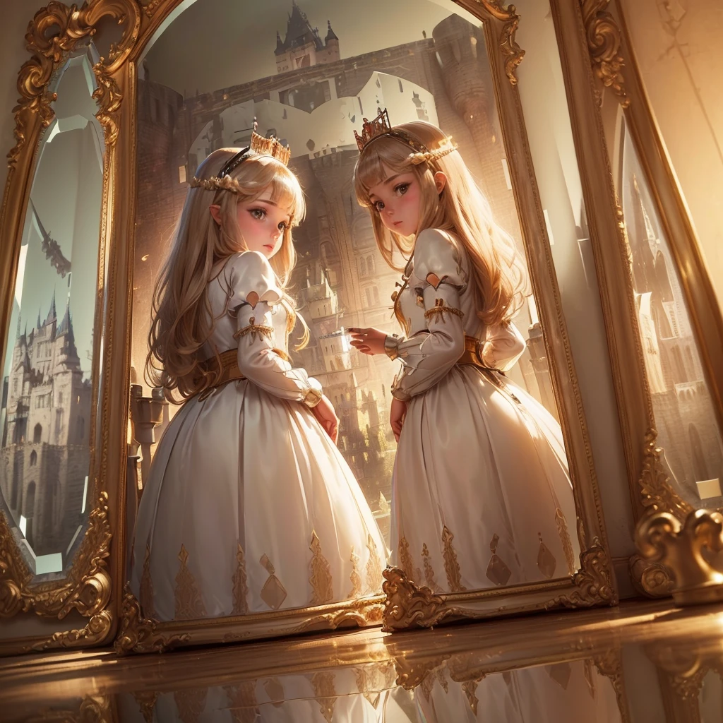 (Princess:1.6),(I can see the castle reflected in the mirror:1.6),masterpiece,high quality,(Highly Detailed CG Unity 8k Portrait:1.3),Nice views,8-year-old girl,Medieval dress, Gold embroidery