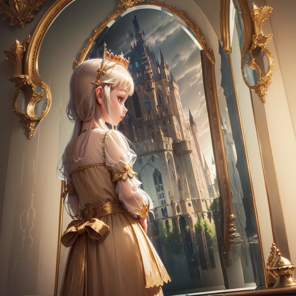 (Princess:1.6),(I can see the castle reflected in the mirror:1.6),masterpiece,high quality,(Highly Detailed CG Unity 8k Portrait:1.3),Nice views,8-year-old girl,Medieval dress, Gold embroidery