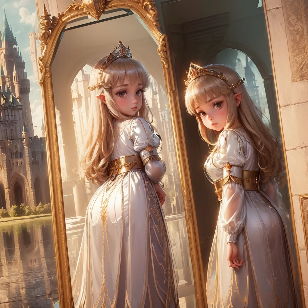 (Princess:1.6),(I can see the castle reflected in the mirror:1.6),masterpiece,high quality,(Highly Detailed CG Unity 8k Portrait:1.3),Nice views,8-year-old girl,Medieval dress, Gold embroidery