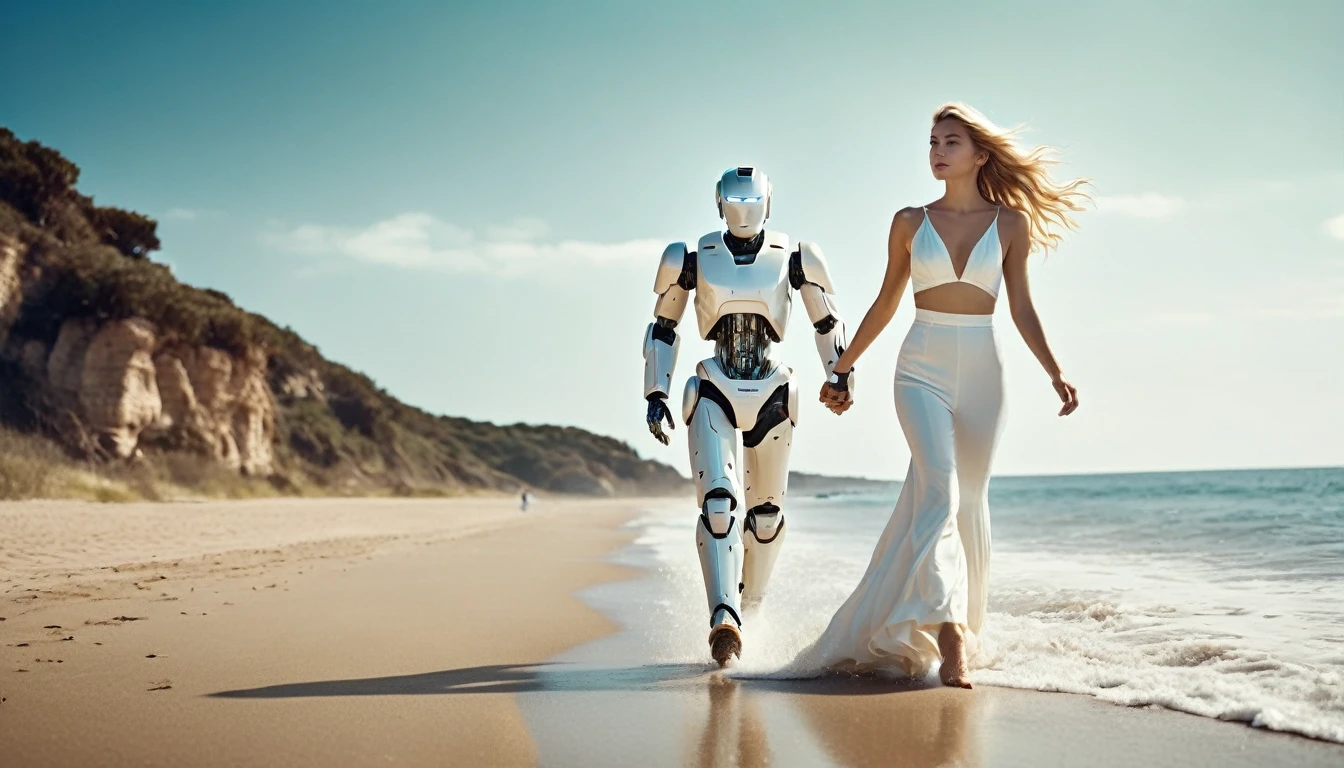 Masterpiece, award-winning photograph, UHD, RAW, (ultra high quality, 8k, intricate details),frontal view of a beautiful blonde white dressed stylish woman and a humanoid cyborg robot hand in hand running on the beach like a loveful couple, full shot, slightly high camera angle, wide angle lens , bilateral symmetry , neutral colors , natural lighting , volumetric lighting, lifelike textures, sharp focus, film grain, uhd, hdr, 8k,lomochrome, vintage color grading, photorealistic 35mm film,