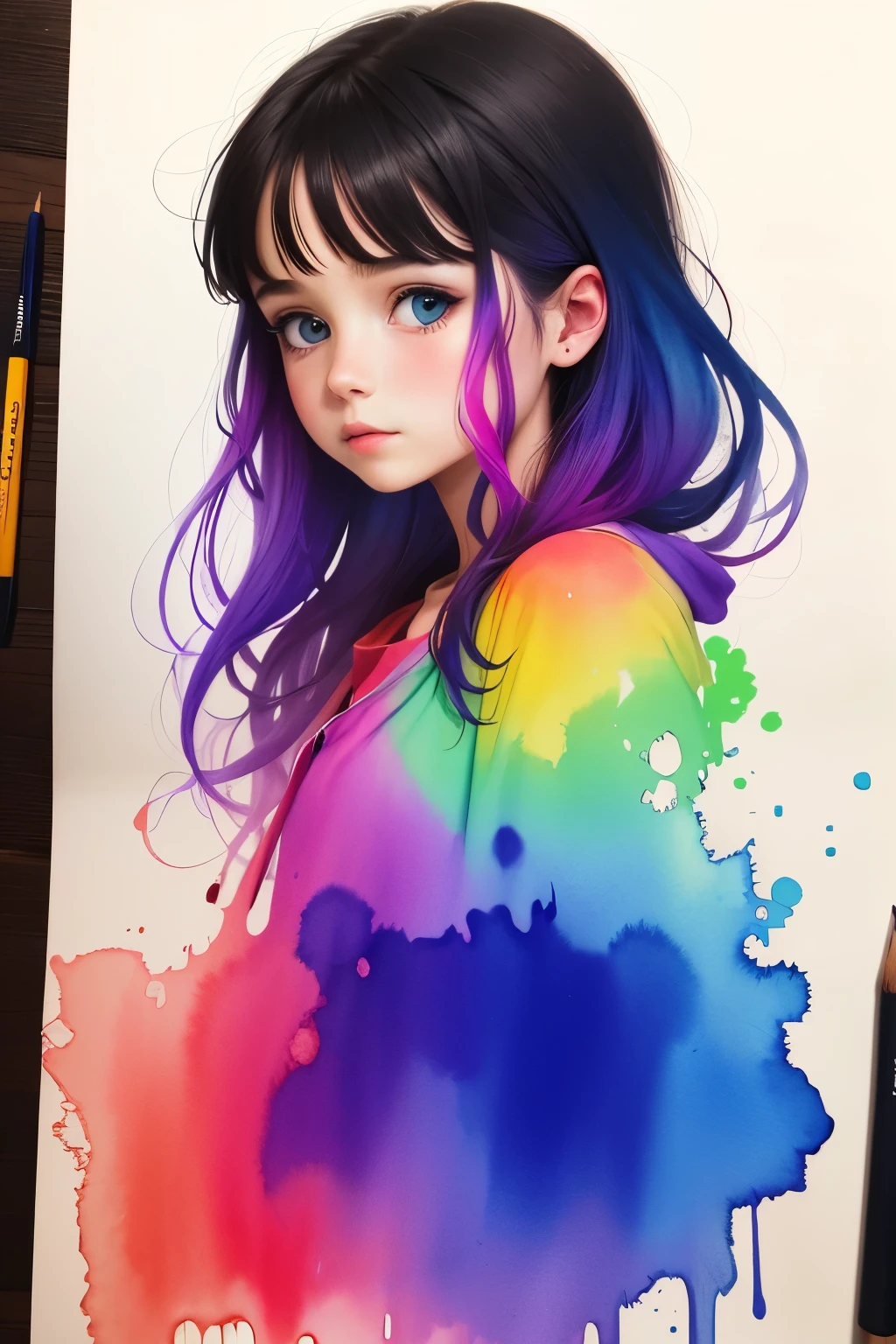 Mädchen mit Zeichnung lebhaft gefärbt mit Aquarell, 4k 