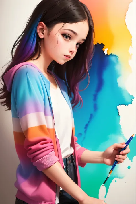 girl with drawing vividly colored with watercolor, 4k 