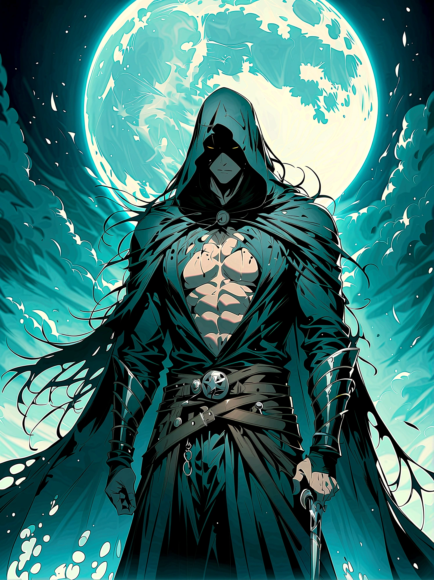 1 boy，Male focus，Kurosaki Ichigo，grim Reaper，Black hakama pants，Heaven locks the moon（Bankai），Damaged clothes，outdoor，rain，Chest muscles，（Best quality），（Ultra Detailed），Very aesthetic，illustration，Messy hair，Perfect composition，Wet skin，Intricate details