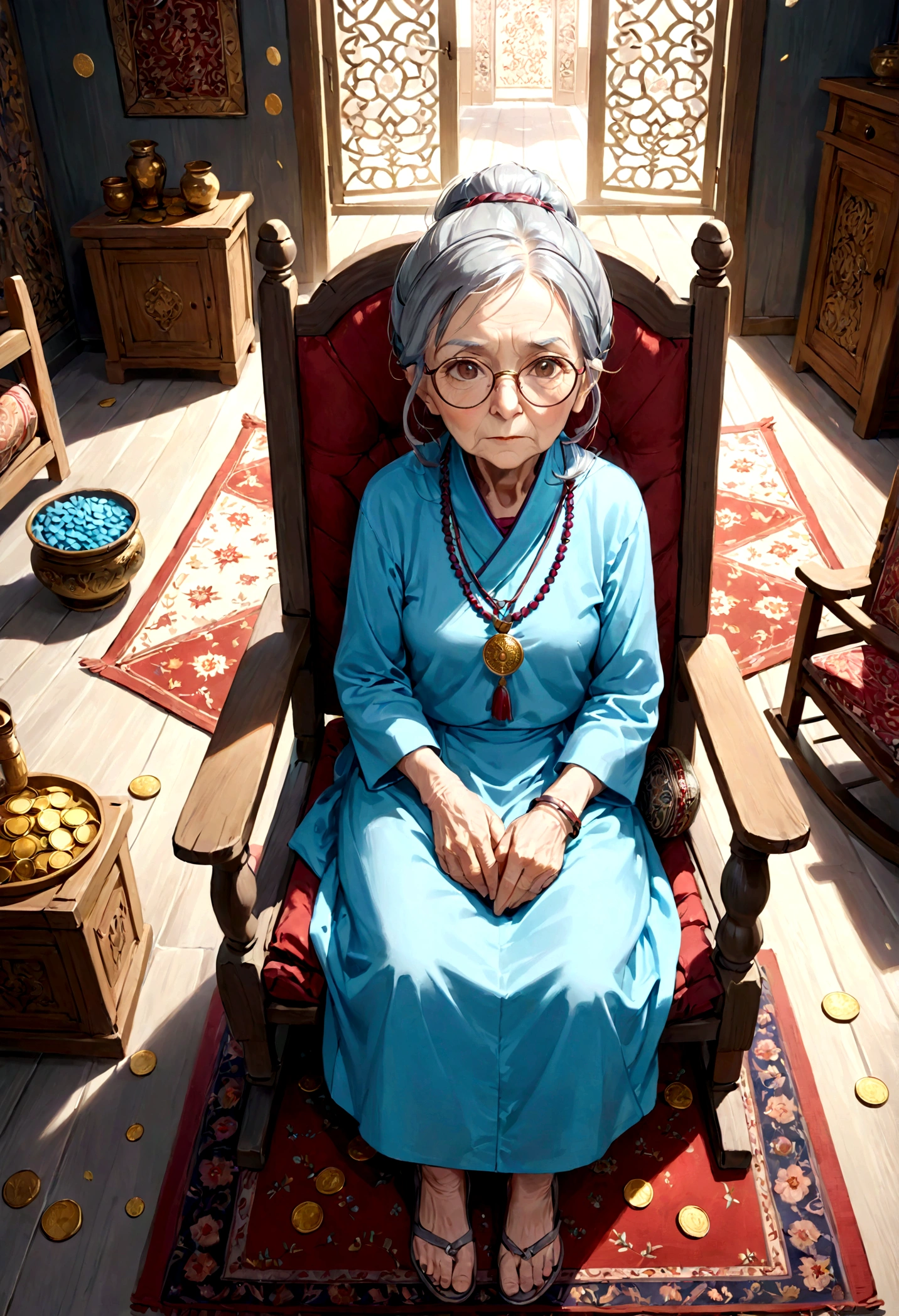 An 86-year-old lady in old clothes, gray hair tied up, her soft gaze shining as she looks straight ahead, wearing glasses and an expression marked by time, an ancient healer, she is sitting in a rocking chair in a large room with beautiful Persian carpet with several coins scattered on the floor. She's looking at the camera for high-resolution, HD, and high-definition images.