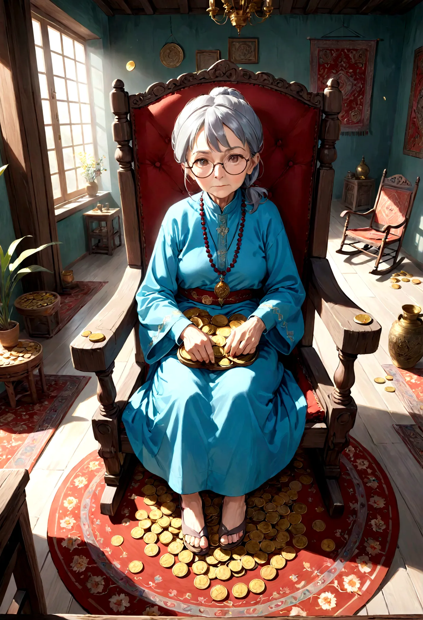 an 86-year-old lady in old clothes, gray hair tied up, her soft gaze shining as she looks straight ahead, wearing glasses and an...