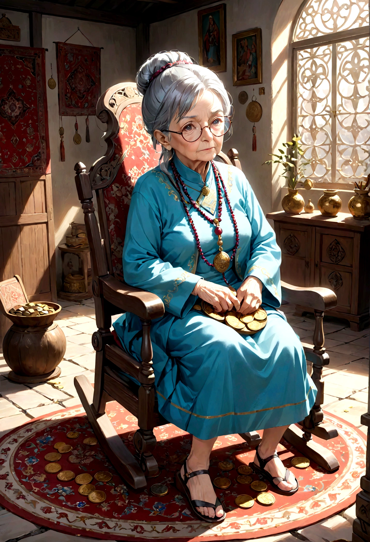 An 86-year-old lady in old clothes, gray hair tied up, her soft gaze shining as she looks straight ahead, wearing glasses and an expression marked by time, an ancient healer, she is sitting in a rocking chair in a large room with beautiful Persian carpet with several coins scattered on the floor. She's looking at the camera for high-resolution, HD, and high-definition images.