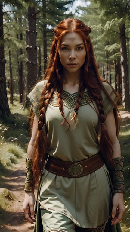 红头发女人, 长辫子头发, 绿眼睛, 浅肤色, 苗条美丽的脸庞，具有阿拉伯女性的特征, 穿着维京人的服装在森林中