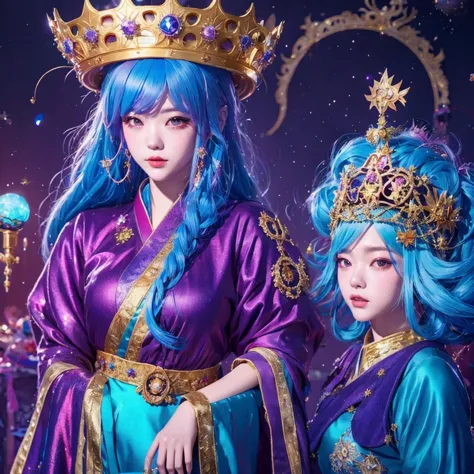 18 years old with blue hair wearing a gold crown and a blue wig, fantasy art style, ((a beautiful fantasy empress)), a beautiful...