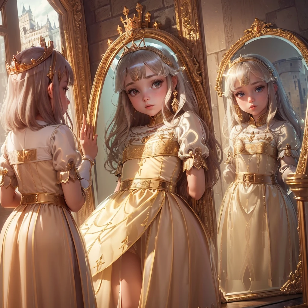 (Princess:1.6),(I can see the castle reflected in the mirror:1.6),masterpiece,high quality,(Highly Detailed CG Unity 8k Portrait:1.3),Nice views,8-year-old girl,Medieval dress, Gold embroidery