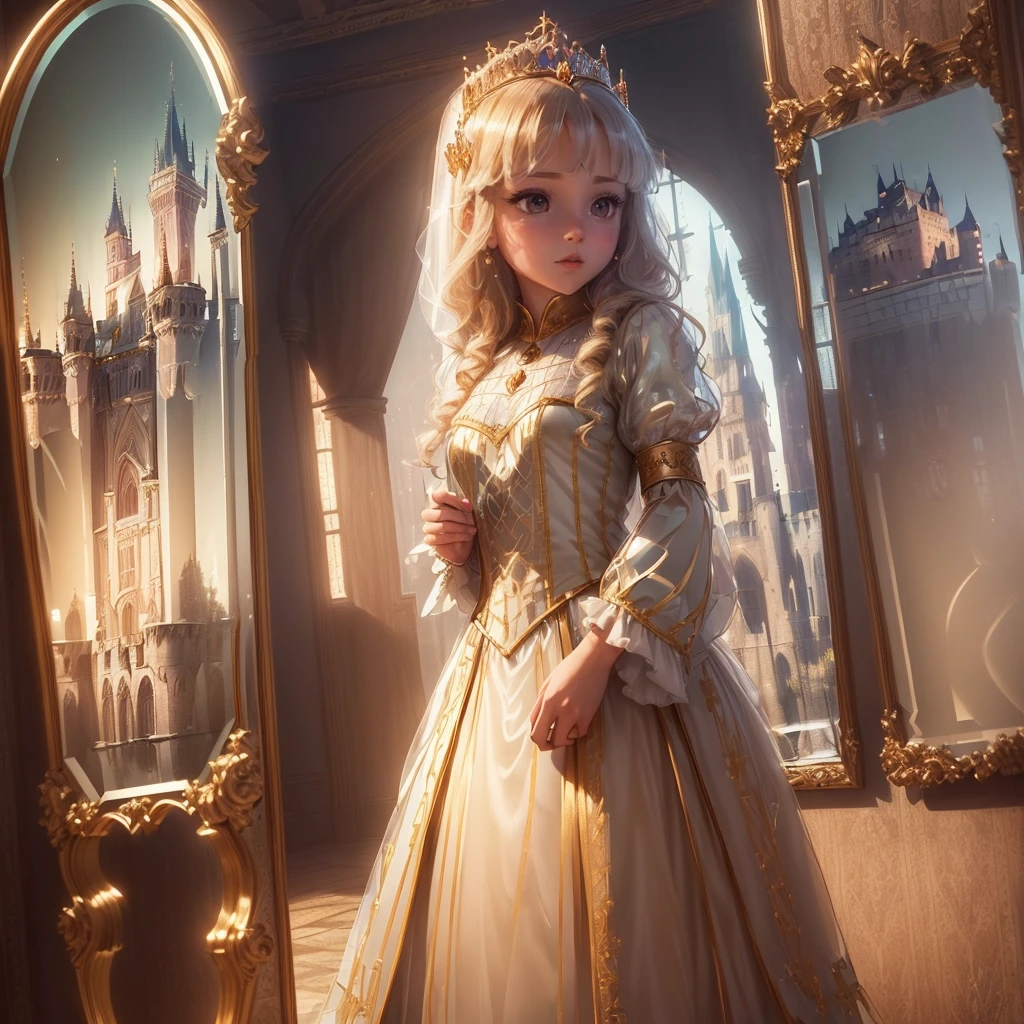 (Princess:1.6),(I can see the castle reflected in the mirror:1.6),masterpiece,high quality,(Highly Detailed CG Unity 8k Portrait:1.3),Nice views,8-year-old girl,Medieval dress, Gold embroidery